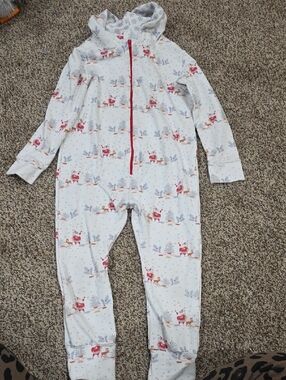 Kids White Holiday Reindeer Hooded Zip-Front One-Piece Pajamas